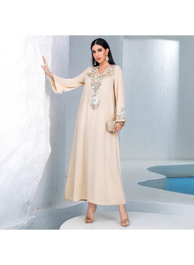 Women V Neck Abaya Dress Flared Sleeve 3D Floral Embroidery Loose Maxi Dress - Image 2