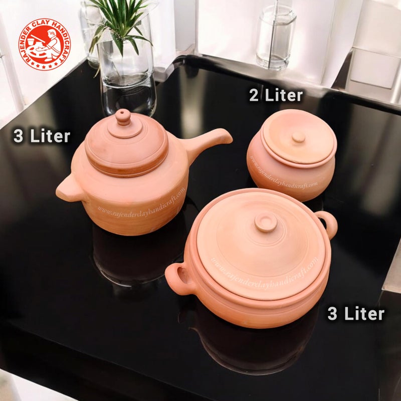 Rajender Clay Handicraft 3-Piece Clay Cooking Set - Traditional Terracotta Desi Cooker, Kadhai, and Handi - Eco-Friendly, Non-Toxic, Handmade Earthenware for Healthy Cooking - Image 2