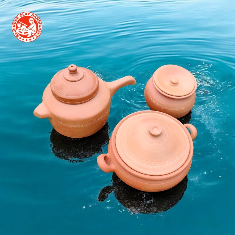 Rajender Clay Handicraft 3-Piece Clay Cooking Set - Traditional Terracotta Desi Cooker, Kadhai, and Handi - Eco-Friendly, Non-Toxic, Handmade Earthenware for Healthy Cooking - Image 3