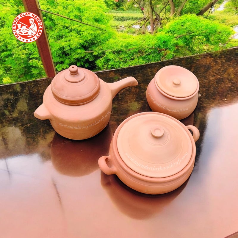 Rajender Clay Handicraft 3-Piece Clay Cooking Set - Traditional Terracotta Desi Cooker, Kadhai, and Handi - Eco-Friendly, Non-Toxic, Handmade Earthenware for Healthy Cooking - Image 5