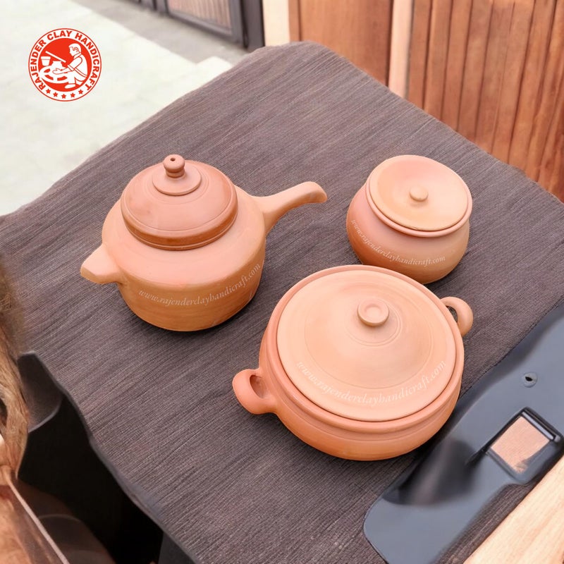 Rajender Clay Handicraft 3-Piece Clay Cooking Set - Traditional Terracotta Desi Cooker, Kadhai, and Handi - Eco-Friendly, Non-Toxic, Handmade Earthenware for Healthy Cooking - Image 4
