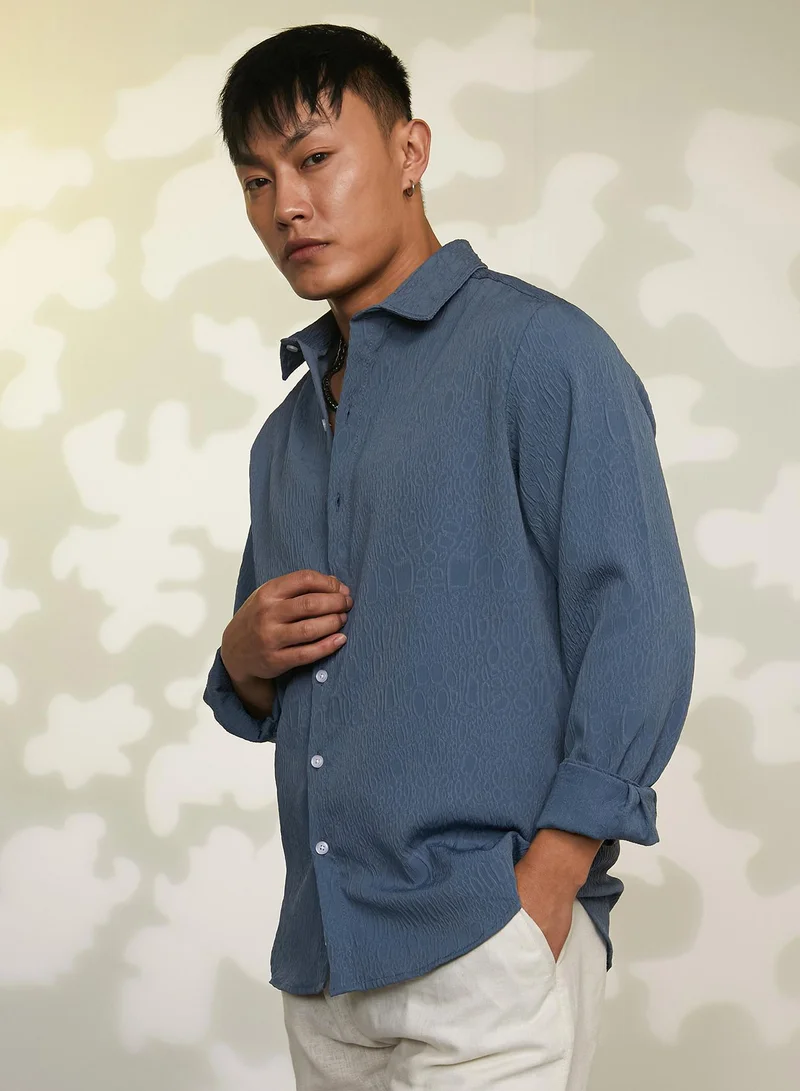Campus Sutra Men's Ocean Blue Abstract-Textured Shirt