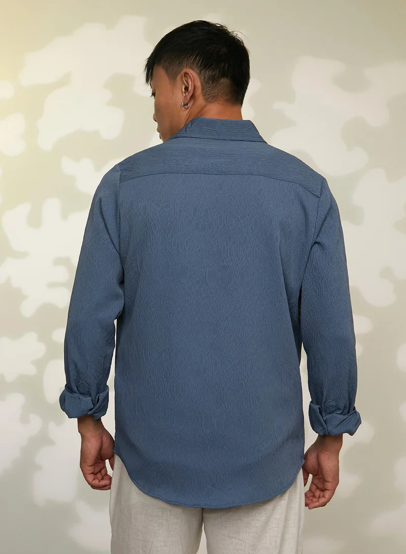Campus Sutra Men's Ocean Blue Abstract-Textured Shirt
