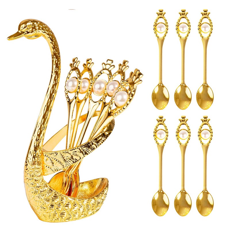 Flylin Coffee Spoon Set Metal Swan Base Holder Dessert Spoon Organizer with 6pcs Spoons Teaspoon Dessert Flatware Set for Coffee Fruit Dessert Ice Cream Cake Gold