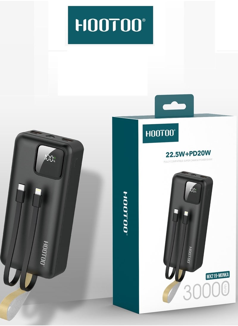 HooToo - Hootoo 30000mAh Power Bank with 3 Outputs (2 x USB-A, 1 x USB-C) and input (micro-USB), Two built-in cables, Battery digital Display, 22.5W Fast Charging, LED Flashlight and Carrying Strap. Black - Image 1