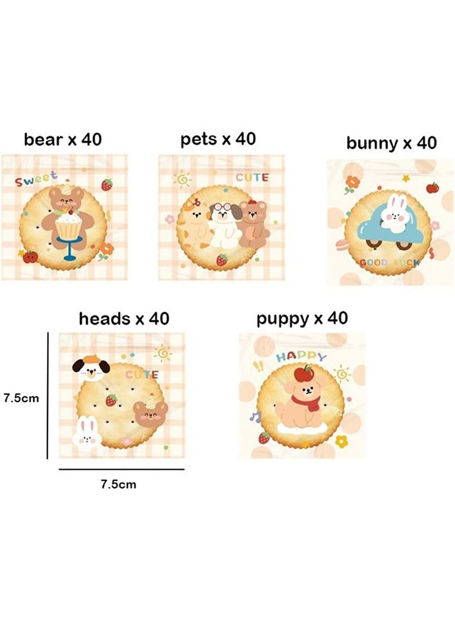 200 Count Five Cute Animal Mix Cookie Candy Treat Bags 4x3 Self-Adhesive Sweets Biscuit Dessert Plastic Bags Cellophane Gift Goody Package for kids Birthday Summer Party Favors Supplies - Image 2