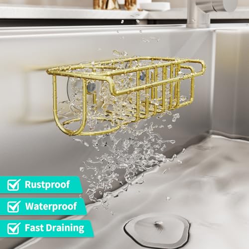 HapiRm Sponge Holder for Kitchen Sink, No Drill Kitchen Sink Caddy Organizer, Rustproof Dish Sponge Holder- Gold(8.73 * 3.54 * 2.36in) - Image 3
