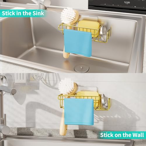 HapiRm Sponge Holder for Kitchen Sink, No Drill Kitchen Sink Caddy Organizer, Rustproof Dish Sponge Holder- Gold(8.73 * 3.54 * 2.36in) - Image 5