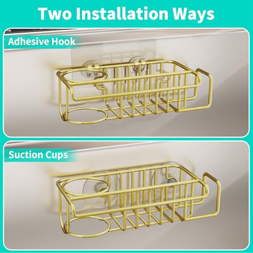 HapiRm Sponge Holder for Kitchen Sink, No Drill Kitchen Sink Caddy Organizer, Rustproof Dish Sponge Holder- Gold(8.73 * 3.54 * 2.36in) - Image 2