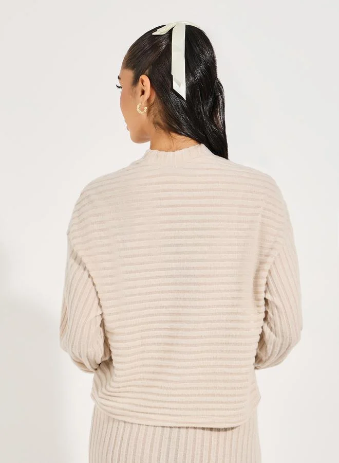 Styli Ribbed Mock Neck Boxy Knit Top with Dropped Shoulder