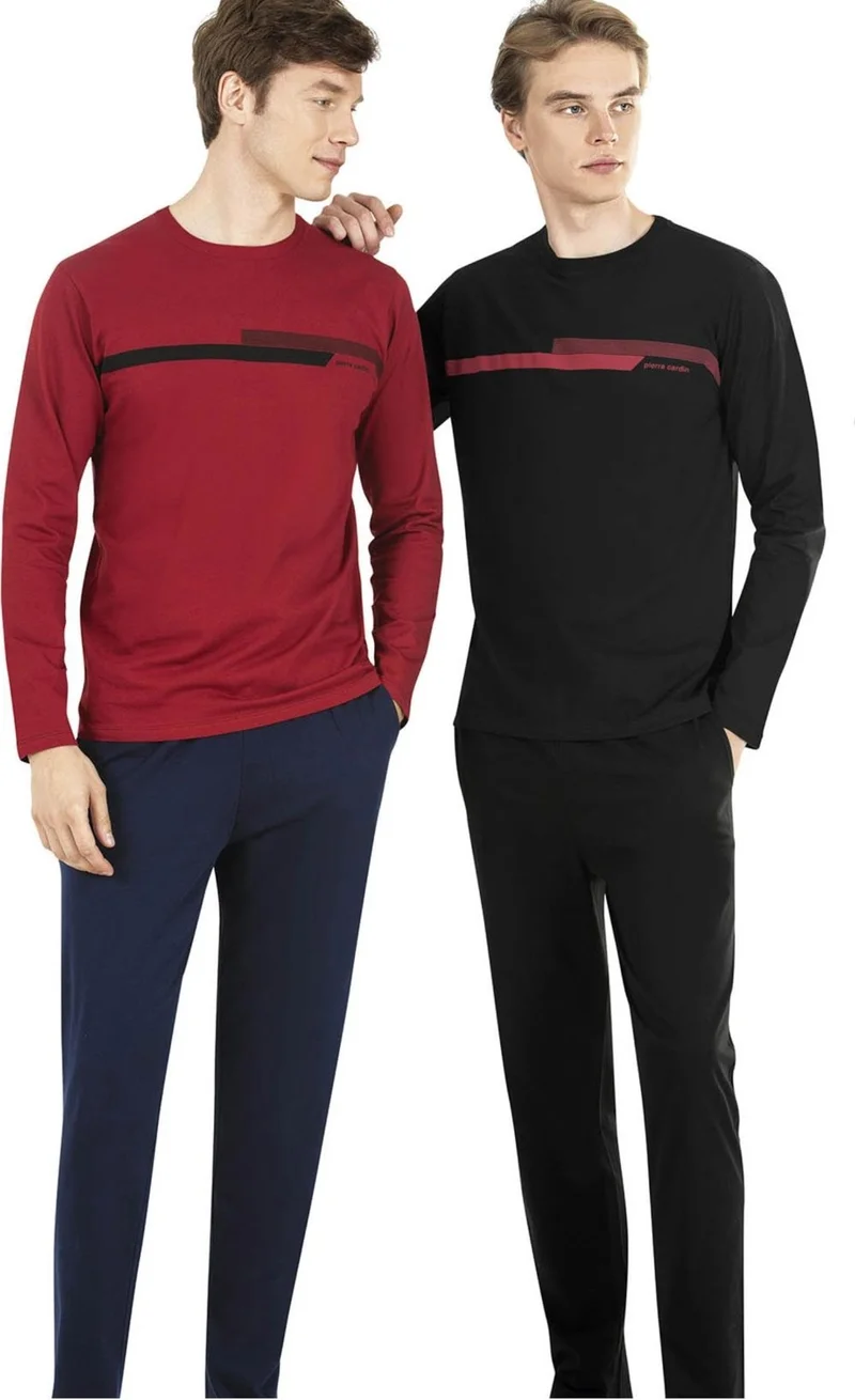 pierre cardin Black Men's 100% Cotton Pajama Set, Long Sleeve Combed Cotton Pajama Set