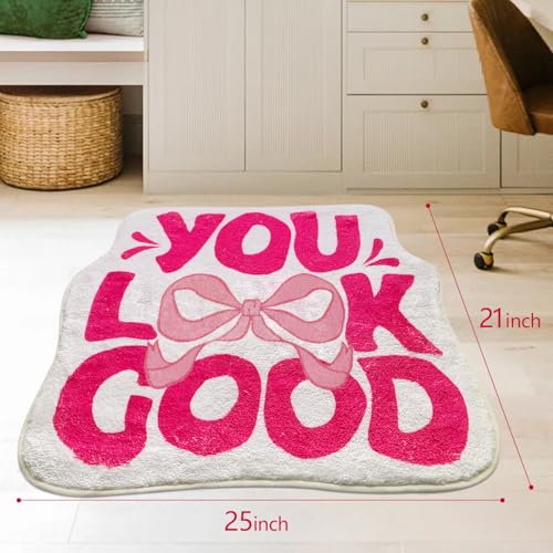 SHIYUE You Look Good Bath Mat Cute Bow Funny Bathroom Rug, Soft Absorbent Water Non Slip, Superior Washable Microfiber Cool Shower Preppy Decor Rug (21"x25"Pink) - Image 2