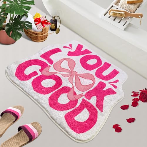 SHIYUE You Look Good Bath Mat Cute Bow Funny Bathroom Rug, Soft Absorbent Water Non Slip, Superior Washable Microfiber Cool Shower Preppy Decor Rug (21"x25"Pink) - Image 1