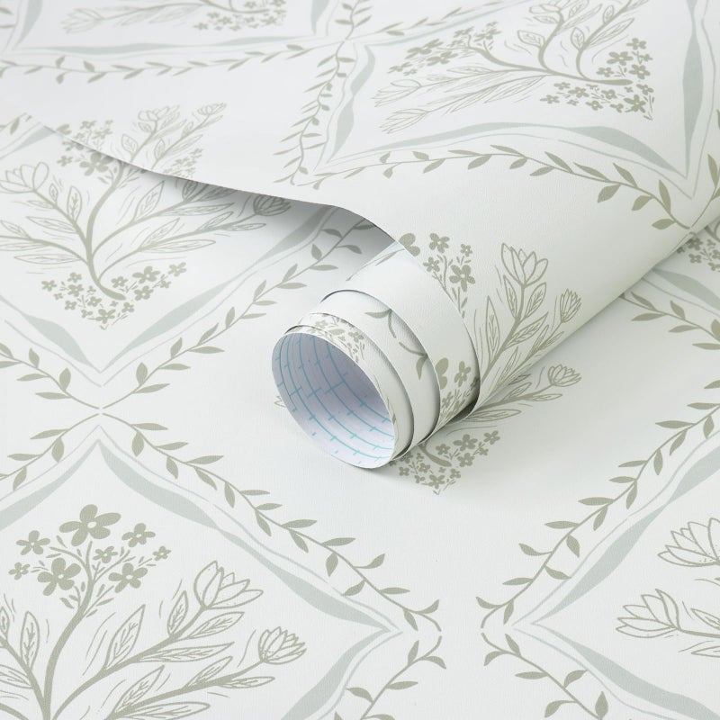 Kitico Peel and Stick Retro Bohemian Wallpaper Light Green and Beige Contact Paper Flower Detachable Waterproof Wallpaper Bathroom/Bedroom Cabinets Self Adhesive Vinyl 78.7"x17.3" - Image 1
