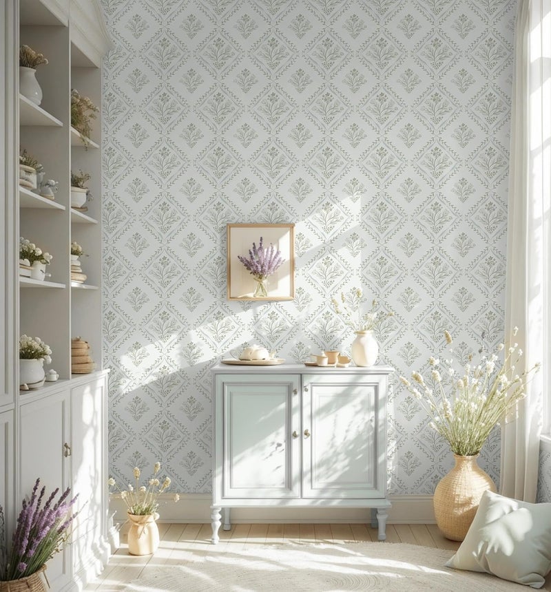 Kitico Peel and Stick Retro Bohemian Wallpaper Light Green and Beige Contact Paper Flower Detachable Waterproof Wallpaper Bathroom/Bedroom Cabinets Self Adhesive Vinyl 78.7"x17.3" - Image 2