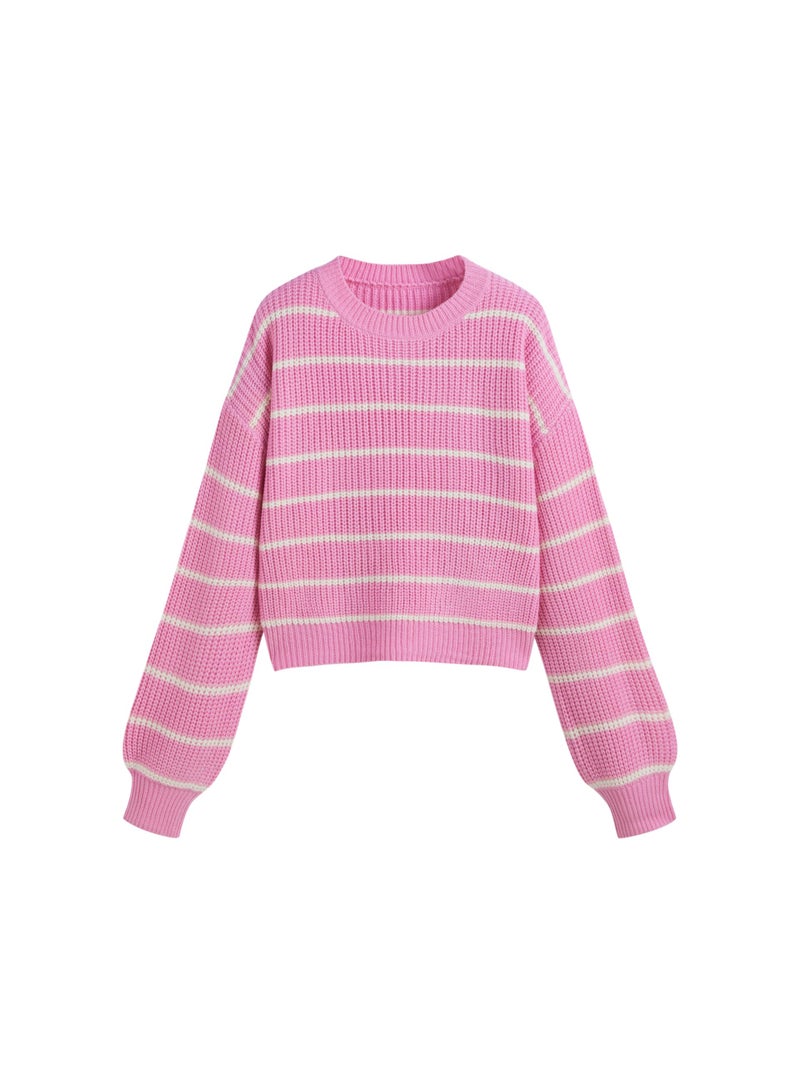CIDER Womenâ€™s Cropped Striped Sweater Long Sleeve Crew Neck Trendy Pullover Tops: Pink, M - Image 1