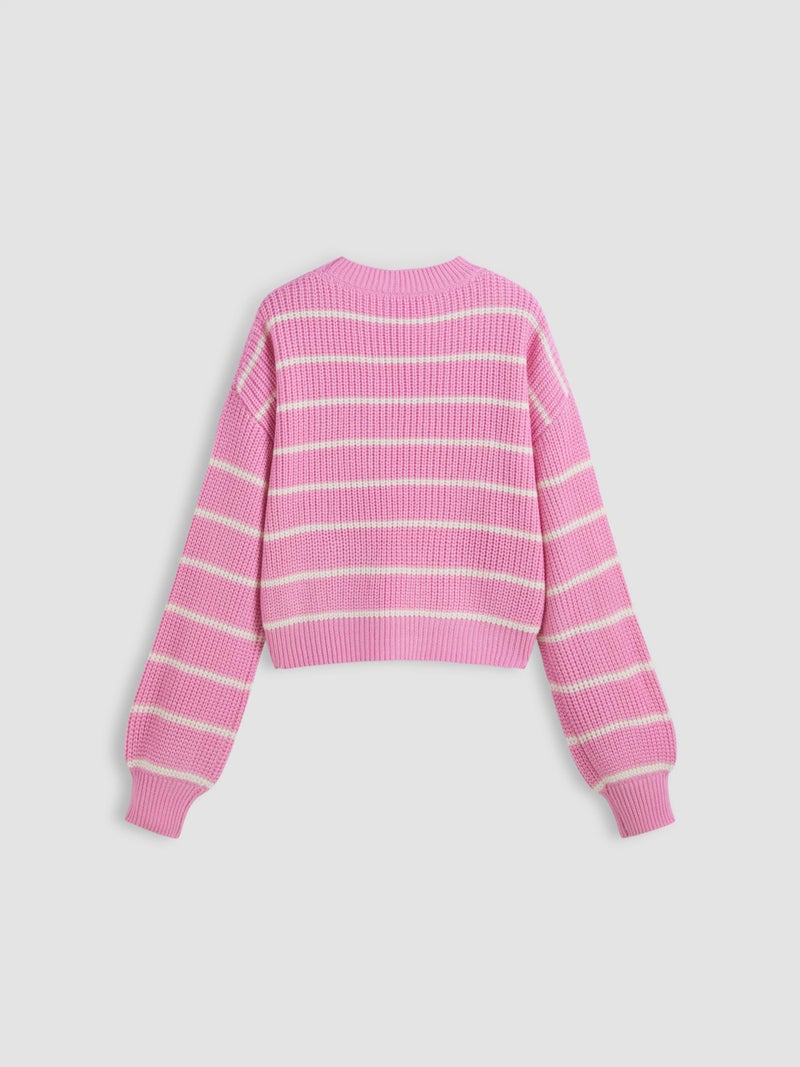 CIDER Womenâ€™s Cropped Striped Sweater Long Sleeve Crew Neck Trendy Pullover Tops: Pink, M - Image 5