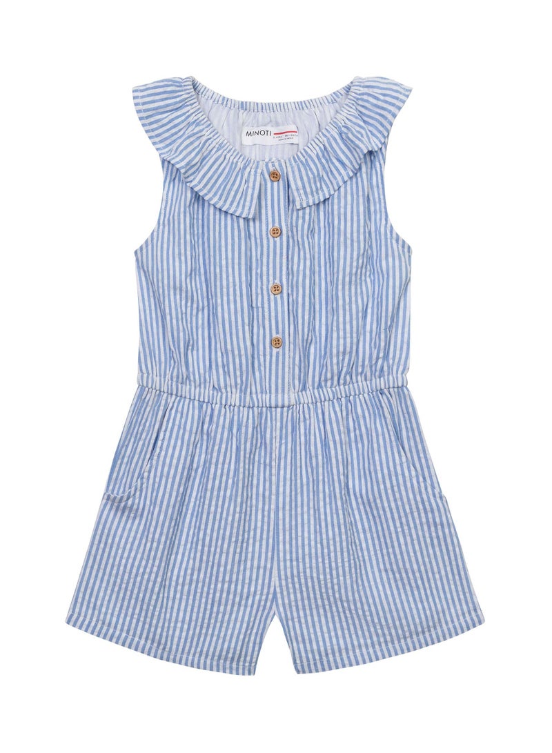 MINOTI Kids Girls Striped Cotton Jumpsuit with Neck Frill Detail  - Image 1