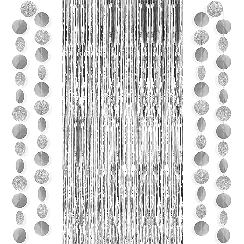 KatchOn XtraLarge Silver Backdrop Curtain with Garland 32x8 Feet Pack of 3 Silver Streamers Backdrop Disco Party Decorations Graduation Backdrop 2026 for Graduation Decorations 2026 - Image 1