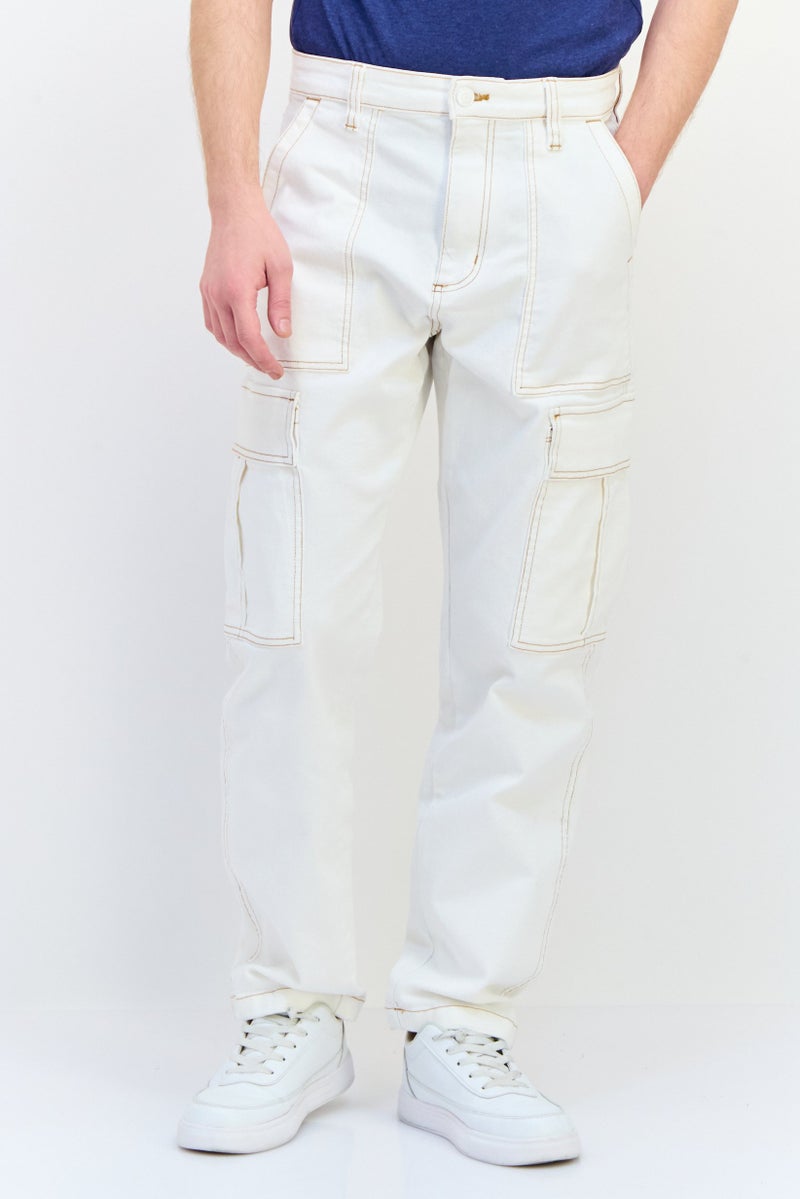 Celio Men Regular Fit Solid Stretchable Cargo Jeans, White  - Image 1