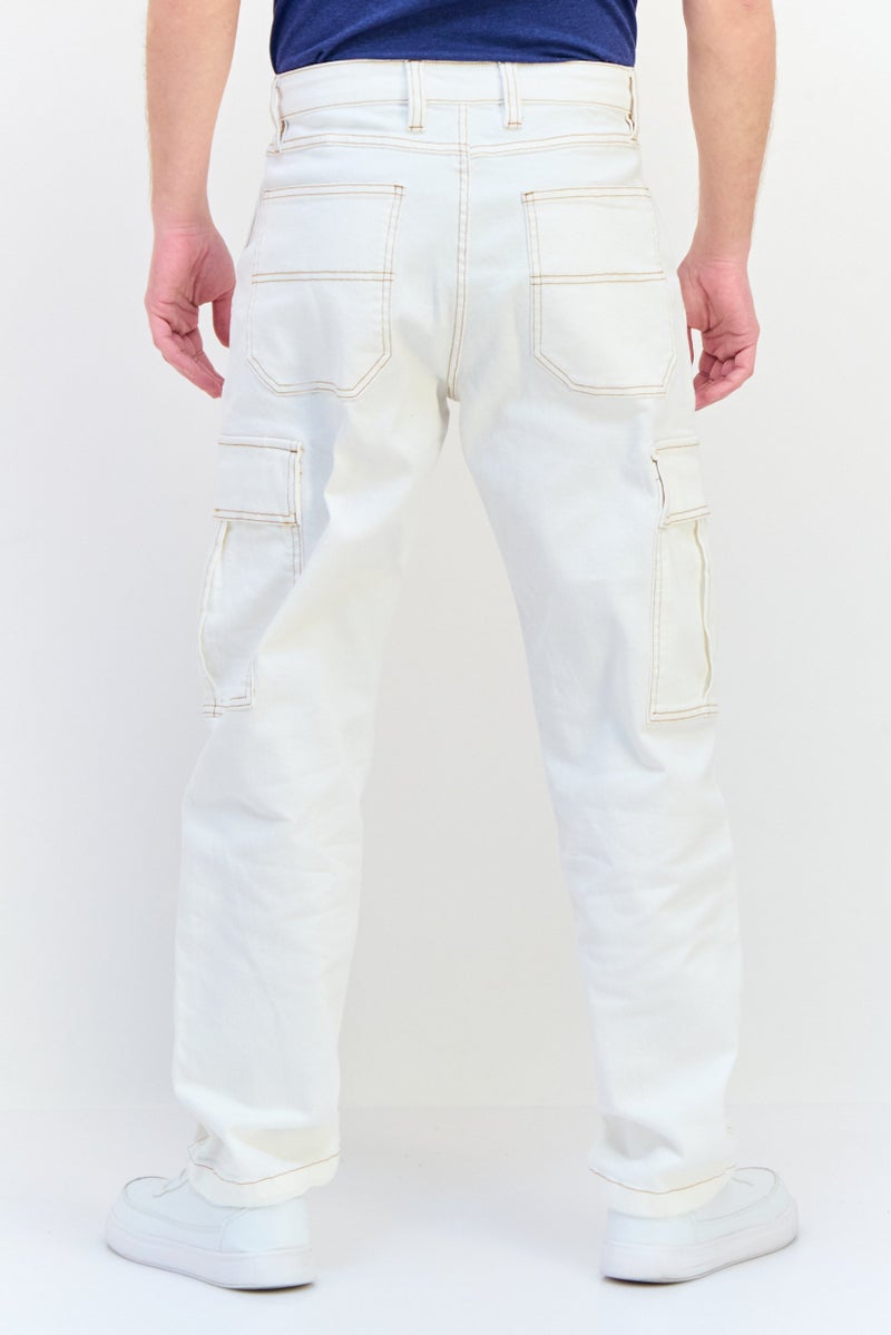 Celio Men Regular Fit Solid Stretchable Cargo Jeans, White  - Image 3