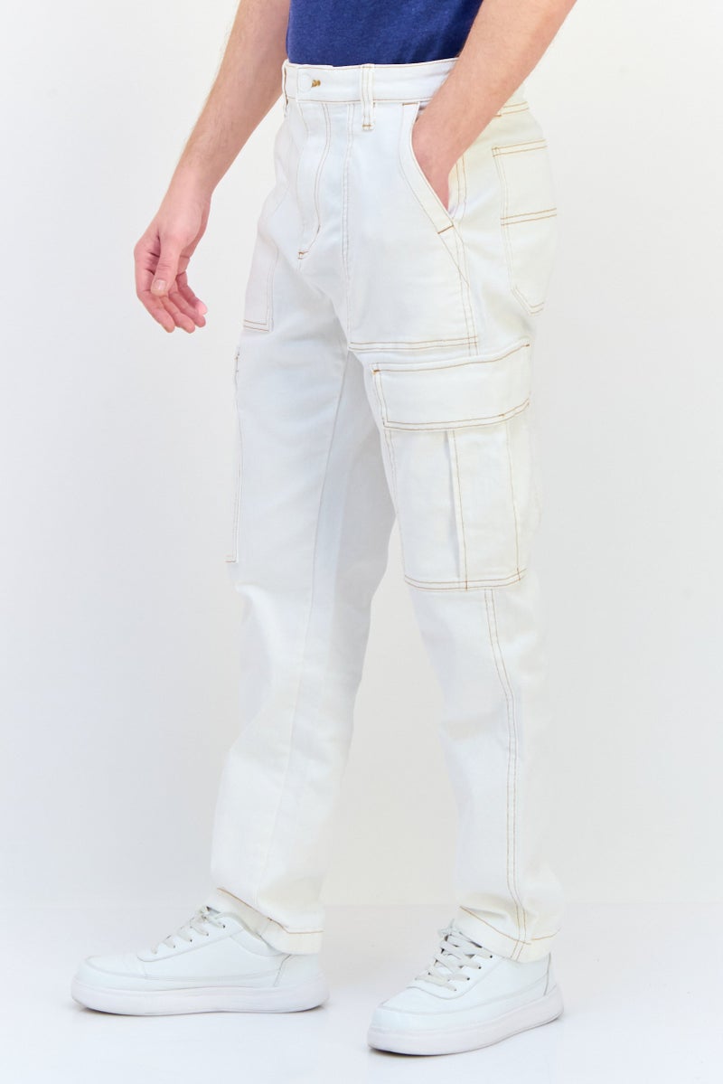 Celio Men Regular Fit Solid Stretchable Cargo Jeans, White  - Image 2