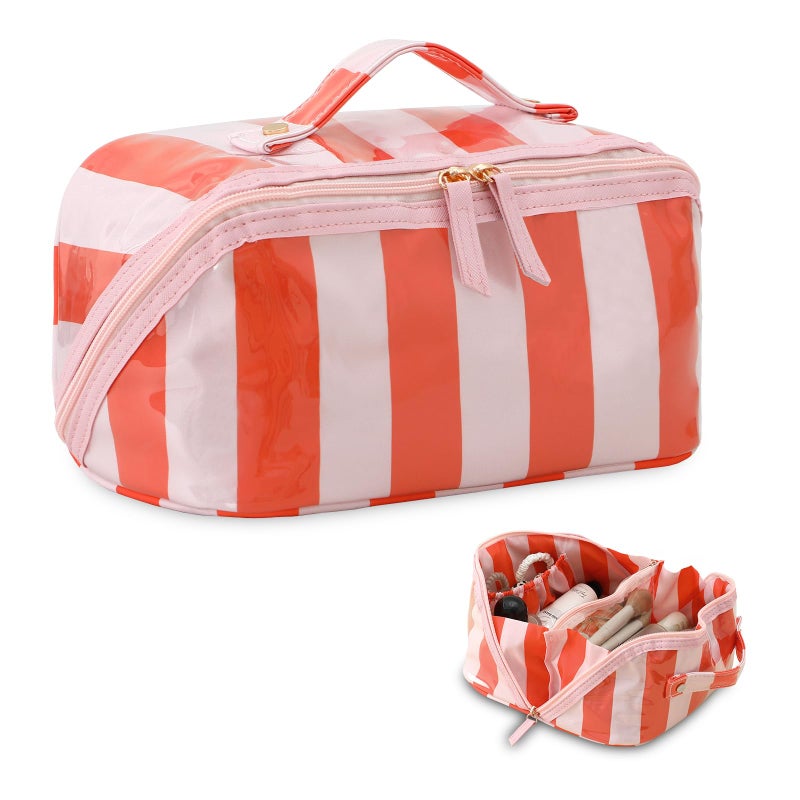 DYSHAYEN Stripe Travel Makeup Bag with Compartments Clear Coated Cosmetic Bag for Women Waterproof Portable Open Flat Toiletry bag PinkOrange - Image 2