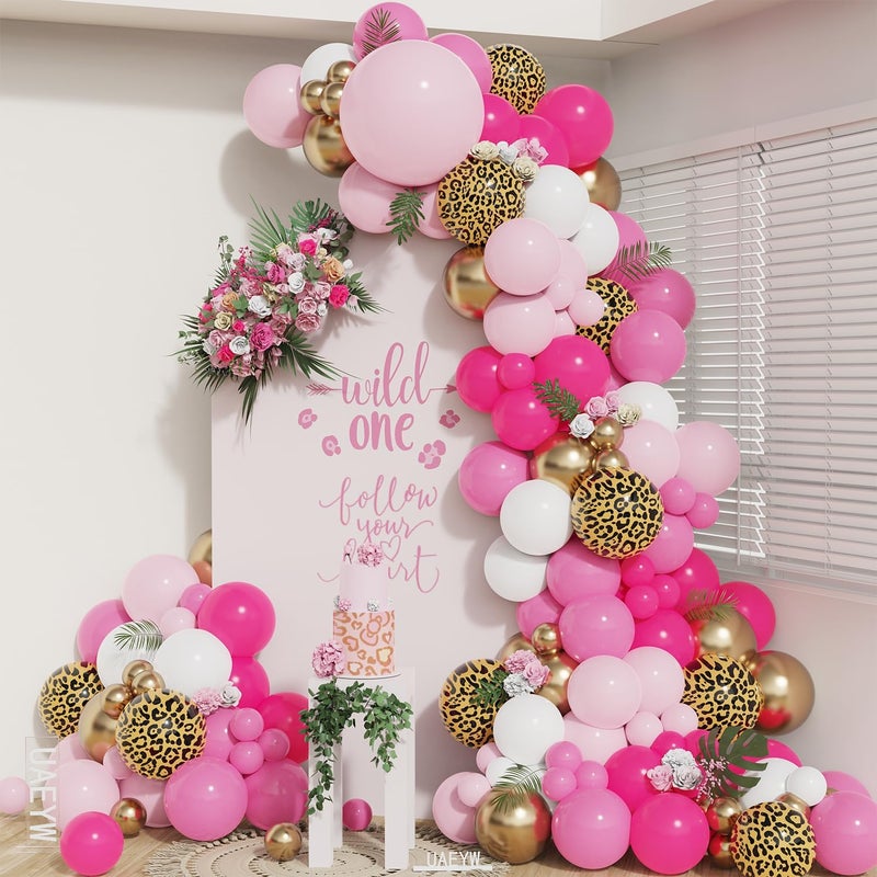 UAEYW Pink Cheetah Print Birthday Decorations 133Pcs Hot Pink Leopard Print Gold Balloons Garland Arch Kit for Women Girls Bachelorette Jungle Safari Wild One Birthday Party Baby Shower Supplies - Image 2