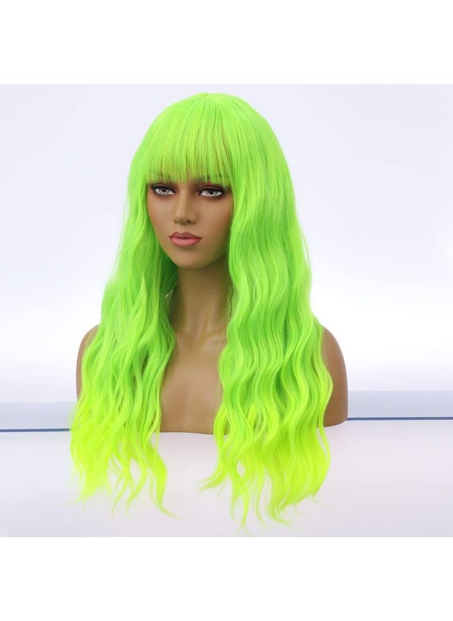 BERON 23 Inches Green Wig Long Curly Wig With Bangs Neon Green Wig Synthetic Wig Women Girls Green Wigs With Wig Cap  - Image 4