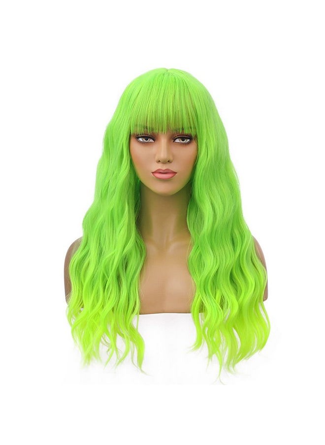 BERON 23 Inches Green Wig Long Curly Wig With Bangs Neon Green Wig Synthetic Wig Women Girls Green Wigs With Wig Cap  - Image 2