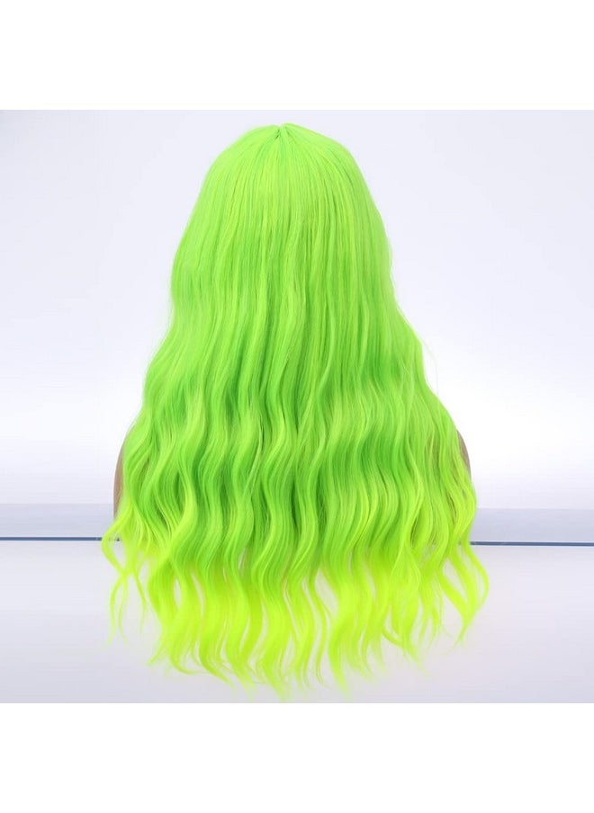 BERON 23 Inches Green Wig Long Curly Wig With Bangs Neon Green Wig Synthetic Wig Women Girls Green Wigs With Wig Cap  - Image 5