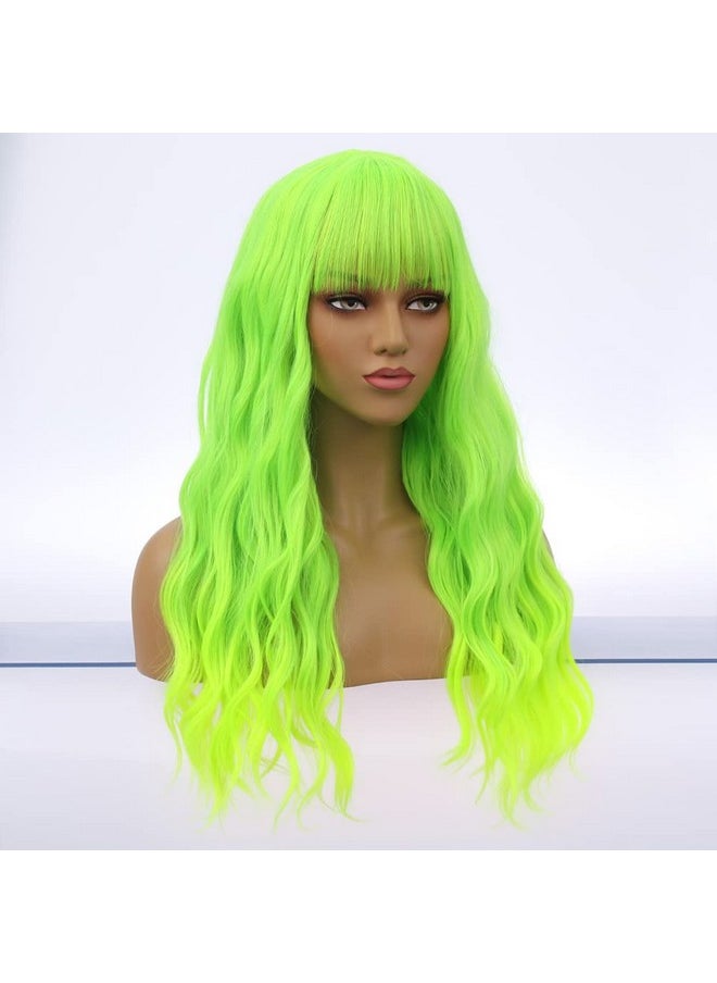 BERON 23 Inches Green Wig Long Curly Wig With Bangs Neon Green Wig Synthetic Wig Women Girls Green Wigs With Wig Cap  - Image 3