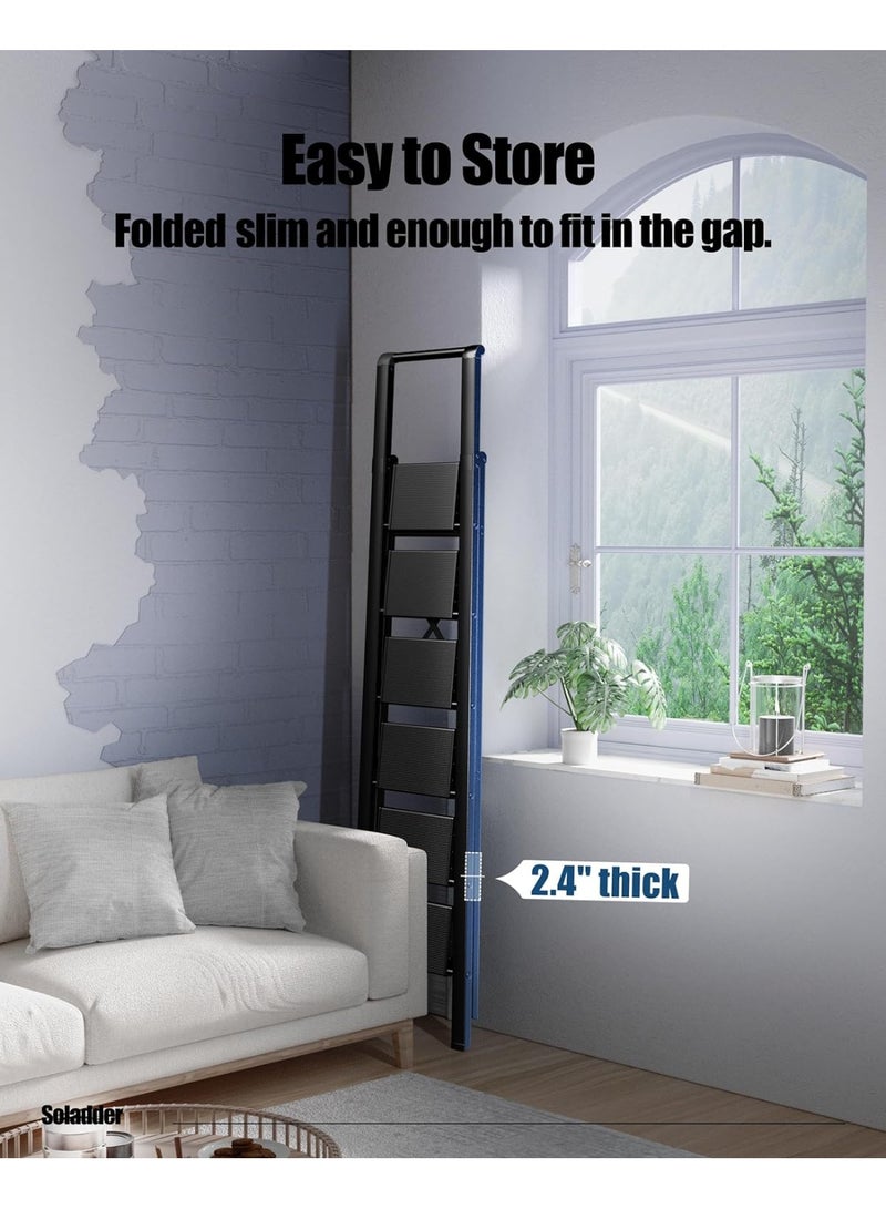 MOMENT سلم MOMENT 6 خطوات، كرسي خطوة قابل للطي مع مقبض ومصعد عريض مضاد للانزلاق، سلم ألومنيوم خفيف الوزن محمول للمطبخ، المنزل، المكتبة، المكتب (330 رطل سعة) - أسود - Image 4