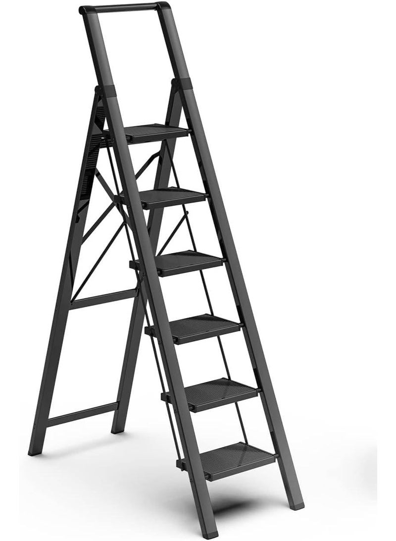 MOMENT سلم MOMENT 6 خطوات، كرسي خطوة قابل للطي مع مقبض ومصعد عريض مضاد للانزلاق، سلم ألومنيوم خفيف الوزن محمول للمطبخ، المنزل، المكتبة، المكتب (330 رطل سعة) - أسود - Image 1