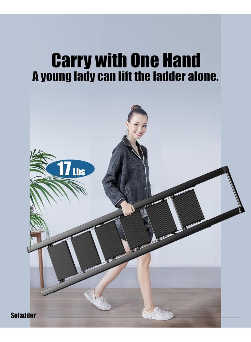 MOMENT سلم MOMENT 6 خطوات، كرسي خطوة قابل للطي مع مقبض ومصعد عريض مضاد للانزلاق، سلم ألومنيوم خفيف الوزن محمول للمطبخ، المنزل، المكتبة، المكتب (330 رطل سعة) - أسود - Image 3