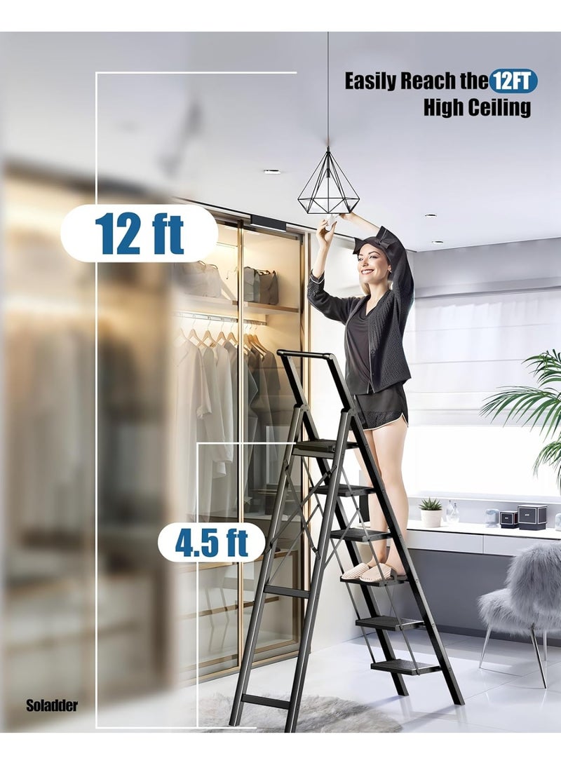 MOMENT سلم MOMENT 6 خطوات، كرسي خطوة قابل للطي مع مقبض ومصعد عريض مضاد للانزلاق، سلم ألومنيوم خفيف الوزن محمول للمطبخ، المنزل، المكتبة، المكتب (330 رطل سعة) - أسود - Image 2