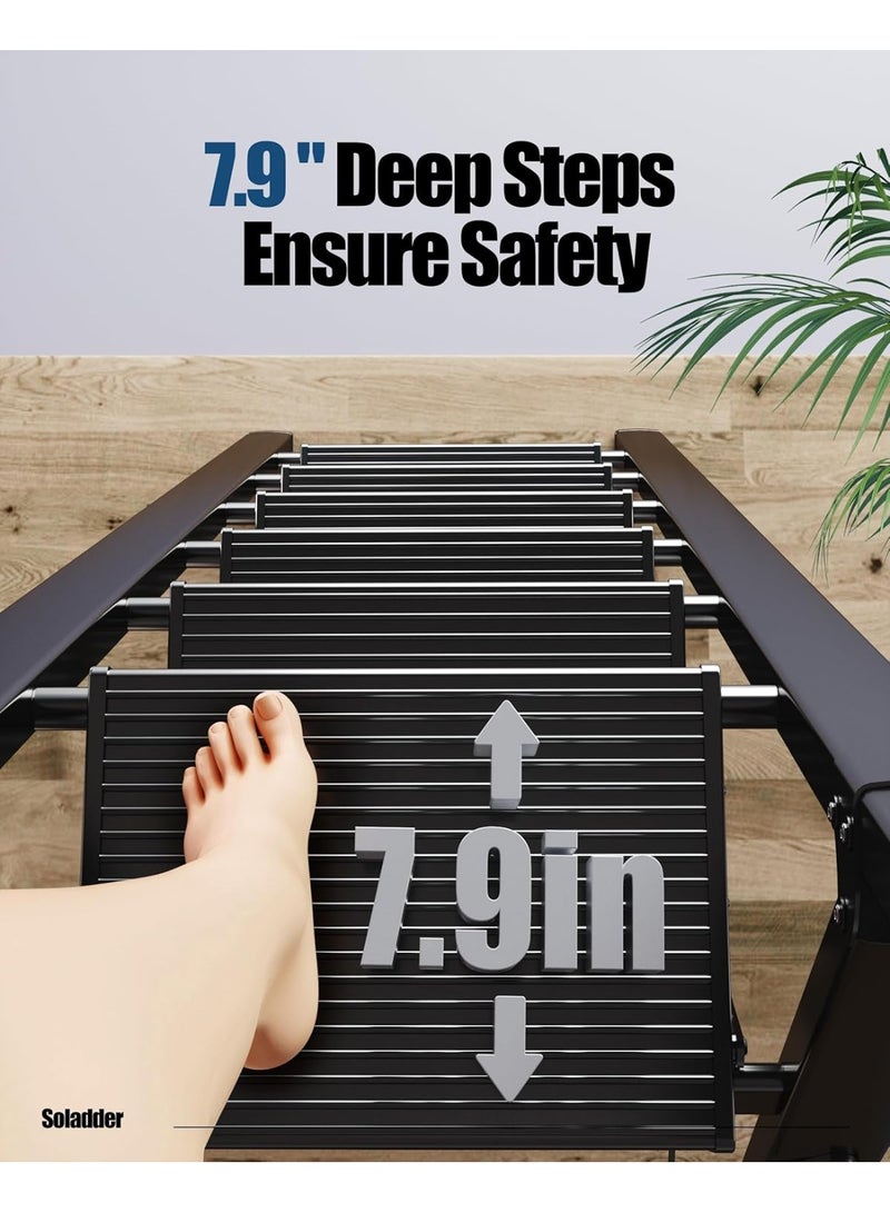 MOMENT سلم MOMENT 6 خطوات، كرسي خطوة قابل للطي مع مقبض ومصعد عريض مضاد للانزلاق، سلم ألومنيوم خفيف الوزن محمول للمطبخ، المنزل، المكتبة، المكتب (330 رطل سعة) - أسود - Image 5