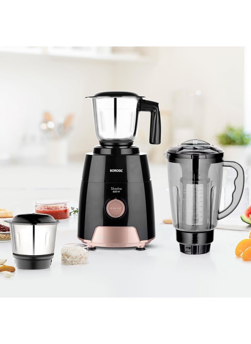 BOROSIL Borosil Silverline RG 600 W Mixer Grinder Wet Dry Mixing Grinding Blending 3 Jars 15 L Blending Jar 1 L Grinder Jar 04 L Chutney Jar Mixie For Kitchen White 2 Years Warranty  - Image 1