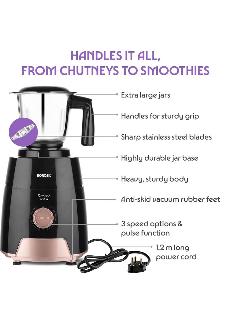 BOROSIL Borosil Silverline RG 600 W Mixer Grinder Wet Dry Mixing Grinding Blending 3 Jars 15 L Blending Jar 1 L Grinder Jar 04 L Chutney Jar Mixie For Kitchen White 2 Years Warranty  - Image 3