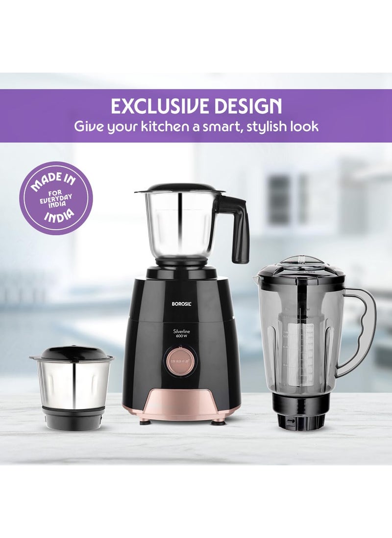 BOROSIL Borosil Silverline RG 600 W Mixer Grinder Wet Dry Mixing Grinding Blending 3 Jars 15 L Blending Jar 1 L Grinder Jar 04 L Chutney Jar Mixie For Kitchen White 2 Years Warranty  - Image 5