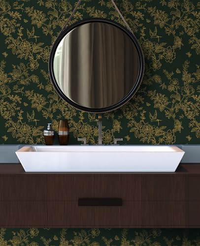 Froluya Dark Green and Gold Wallpaper Floral Peel and Stick Wallpaper 17.7"x118.1" Vintage Floral Contact Paper Peel and Stick Flowers Birds Removable Self Adhesive Wall Paper for Bedroom Cabinets - Image 4
