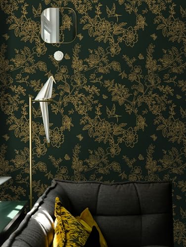 Froluya Dark Green and Gold Wallpaper Floral Peel and Stick Wallpaper 17.7"x118.1" Vintage Floral Contact Paper Peel and Stick Flowers Birds Removable Self Adhesive Wall Paper for Bedroom Cabinets - Image 3