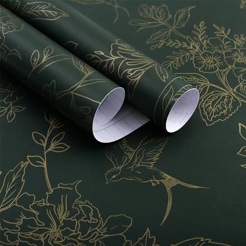 Froluya Dark Green and Gold Wallpaper Floral Peel and Stick Wallpaper 17.7"x118.1" Vintage Floral Contact Paper Peel and Stick Flowers Birds Removable Self Adhesive Wall Paper for Bedroom Cabinets - Image 1