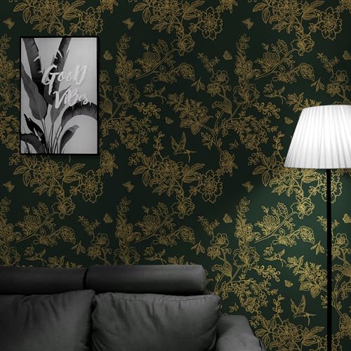 Froluya Dark Green and Gold Wallpaper Floral Peel and Stick Wallpaper 17.7"x118.1" Vintage Floral Contact Paper Peel and Stick Flowers Birds Removable Self Adhesive Wall Paper for Bedroom Cabinets - Image 5