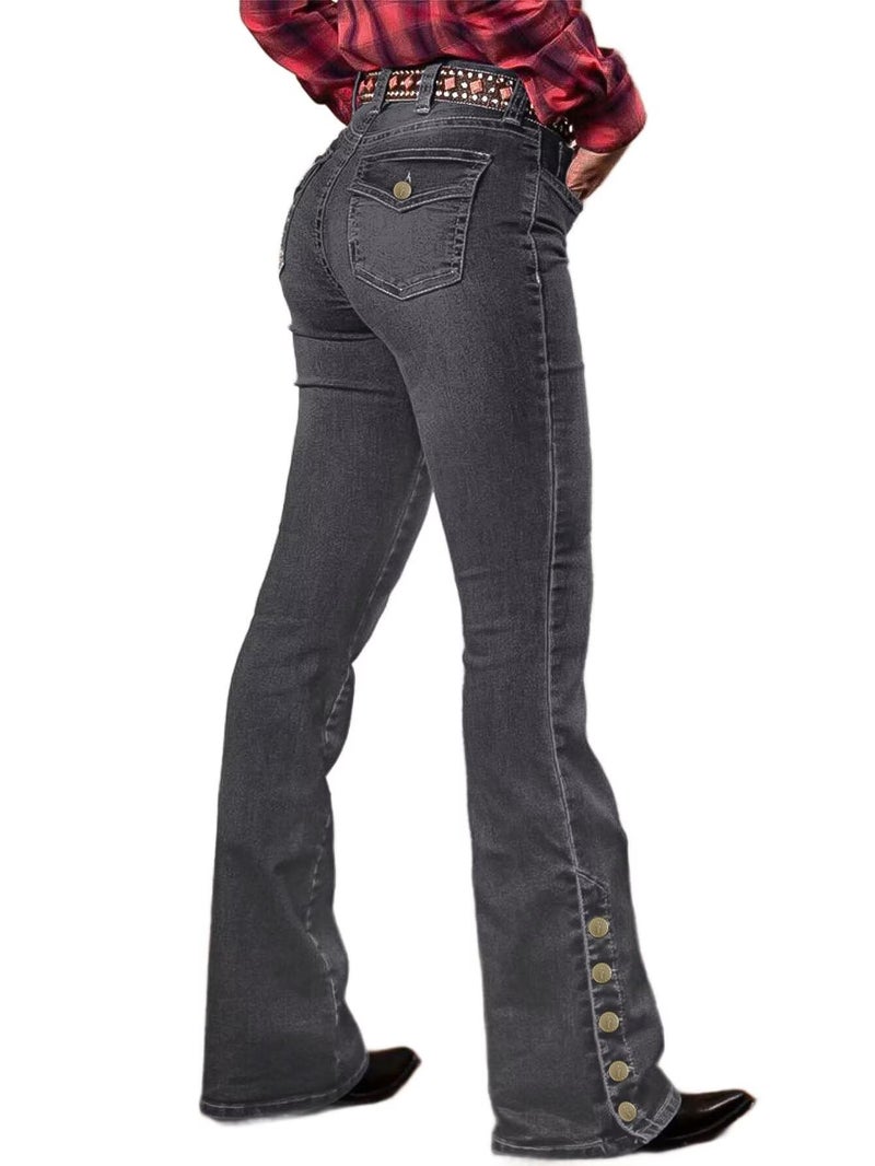 Flamingals Women's Buttoned Hem Bootcut Jeans Without Belt Mid Waist Casual Pants Black Gray M - Image 1