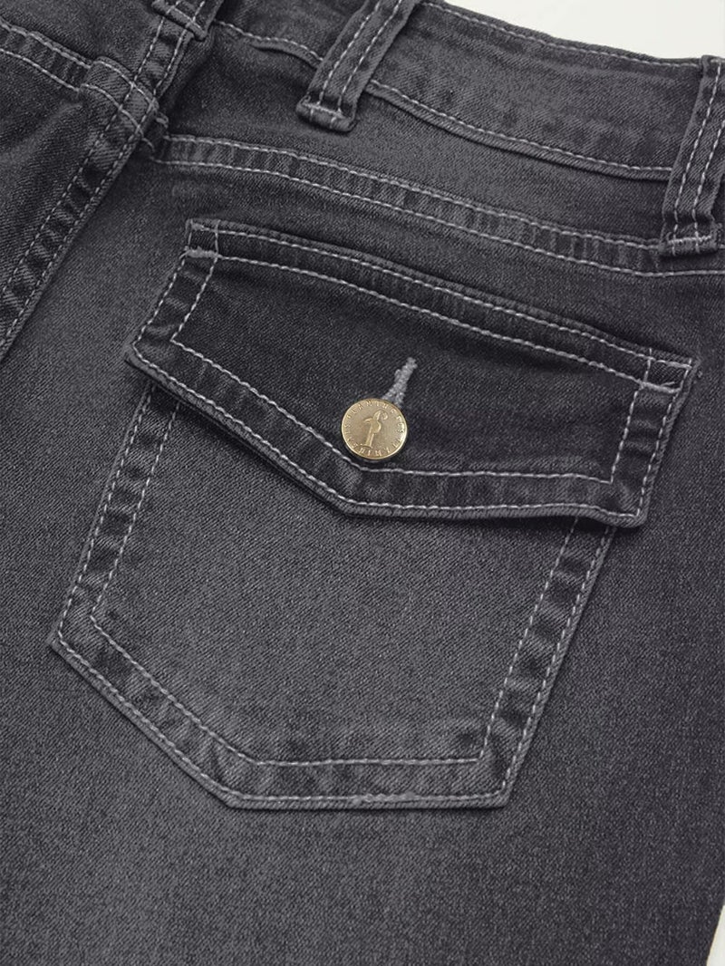 Flamingals Women's Buttoned Hem Bootcut Jeans Without Belt Mid Waist Casual Pants Black Gray M - Image 4
