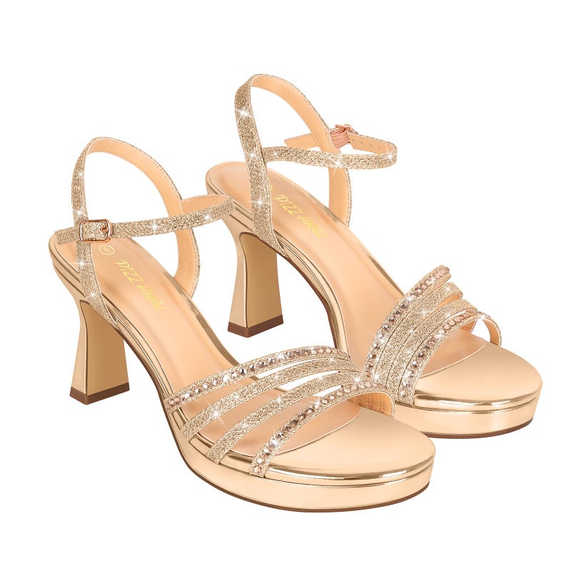 PIZZ ANNU Lena Women's Platform Heels High Block Chunky Sparkly Rhinestone Glitter Open Toe Ankle Strap Fashion Dress Pump Sandals Shoes, Champagne 8.5 - Image 4