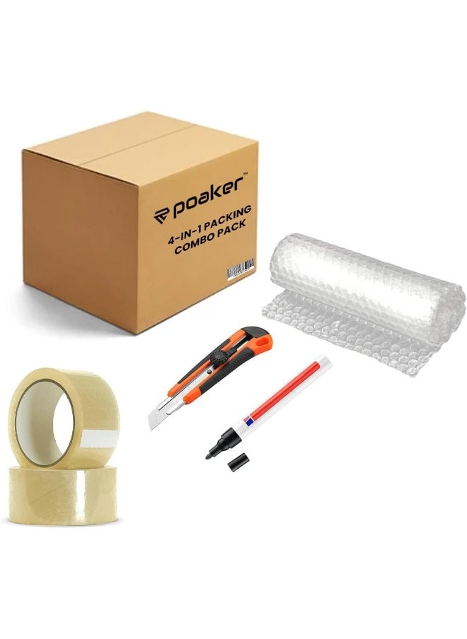 4-In Packing Combo Kit Includes Clear Tape Utility Knife Permanent Marker And Bubble Wrap For Secure Shipping And Packaging