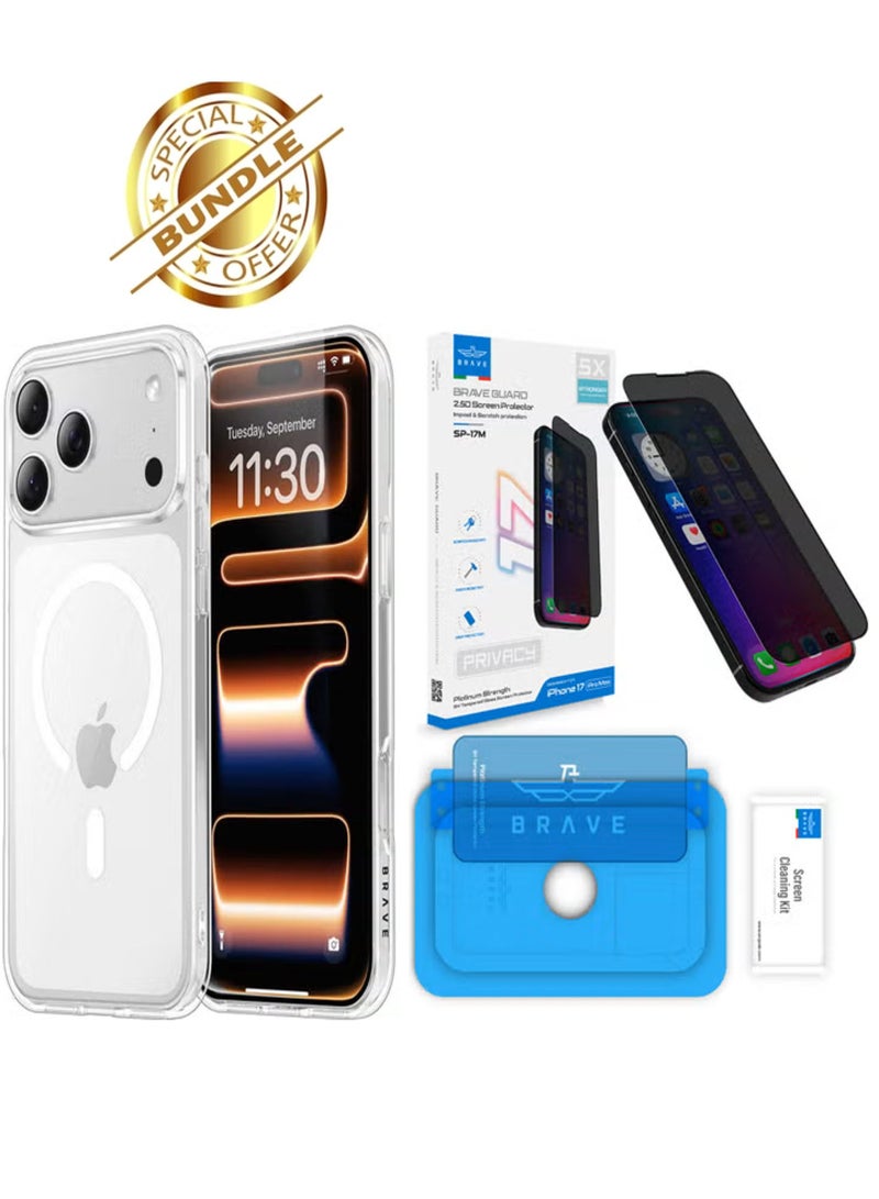 Brave iPhone 17 Pro Max Case Compatible with MagSafe – Shockproof Magnetic Silicone & Hard Shell Hybrid Case, Military-Grade 15ft Drop Protection, 30,000× Drop Tested, Slim Anti-Yellowing, Anti-Scratch & Anti-Fingerprint, Full-Coverage with Raised Edges, Wear-Resistant, Supports Wireless Charging (Clear) & iPhone 17 Pro Max Privacy HD Tempered Glass Screen Protector – Premium Privacy Protection, Edge-to-Edge Coverage, 9H Hardness, Ultra Scratch-Resistant, Fingerprint Resistant, Smudge-Free, Smooth Touch, Face ID Compatible, Bubble-Free Installation with Tray, Slim & Premium Protection (Black) Bundle - Image 1
