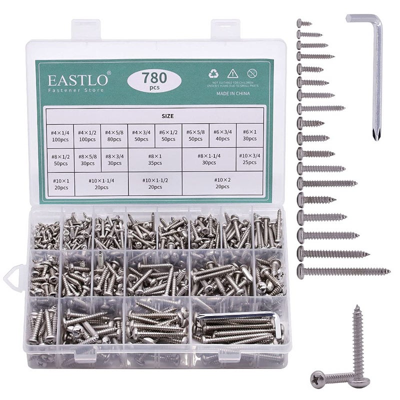 EASTLO (780 PCS) #4#6#8#10 Pan Head Sheet Metal Screws Assortments 304 Stainless Steel 18-8 Self Tapping Screws Hardware Kit - Image 1